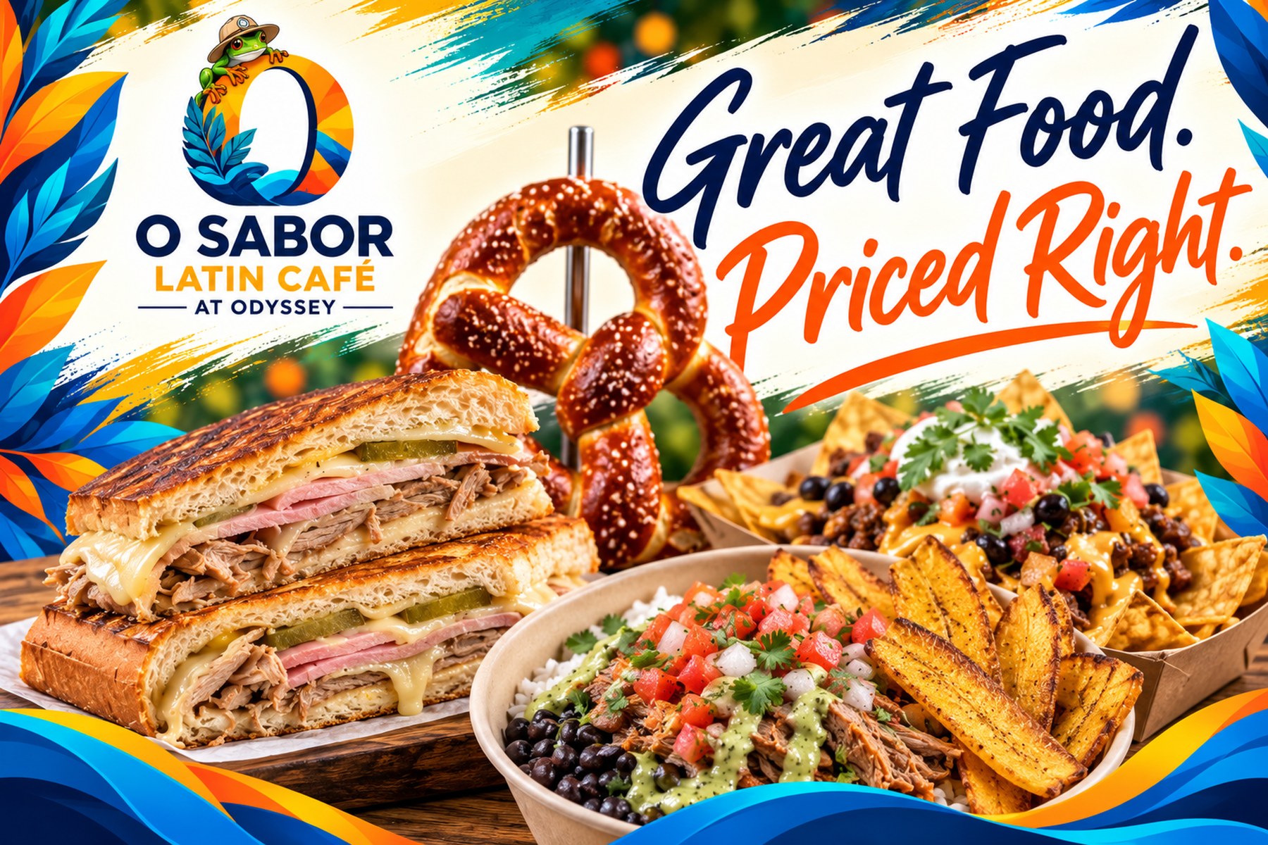 O Sabor food concept featuring a Latin rice bowl, Cuban-style sandwich, pretzels and loaded nachos