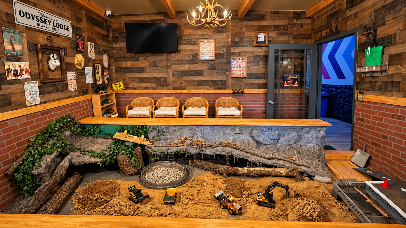 Indoor RC construction sandpit at Odyssey with miniature excavators, loaders and dump trucks